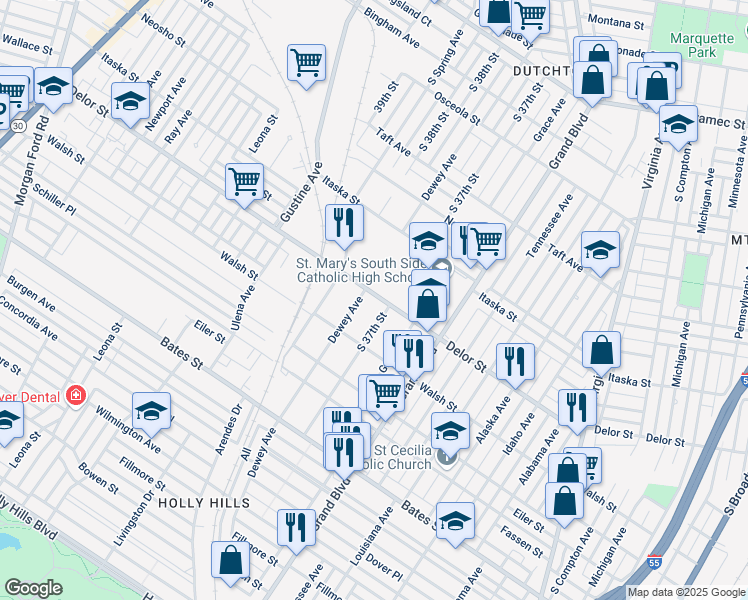 map of restaurants, bars, coffee shops, grocery stores, and more near 3716 Delor Street in St. Louis