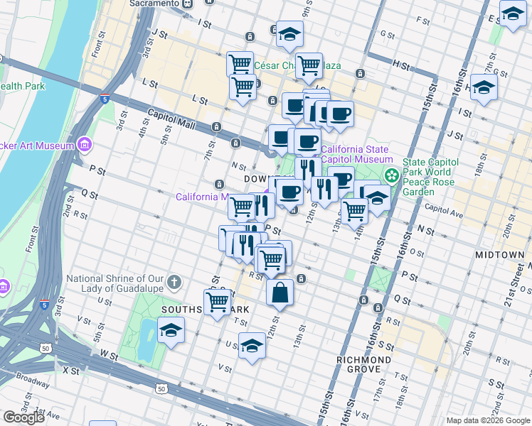 map of restaurants, bars, coffee shops, grocery stores, and more near 1515 10th Street in Sacramento