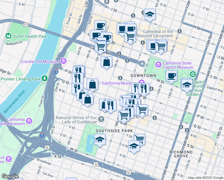 map of restaurants, bars, coffee shops, grocery stores, and more near 714 P Street in Sacramento