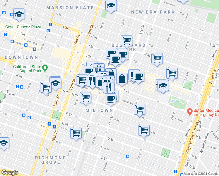 map of restaurants, bars, coffee shops, grocery stores, and more near 1928 L Street in Sacramento