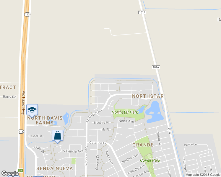 map of restaurants, bars, coffee shops, grocery stores, and more near 527 Waxwing Place in Davis