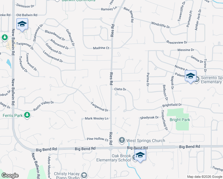 map of restaurants, bars, coffee shops, grocery stores, and more near 501 Ries Road in Ballwin