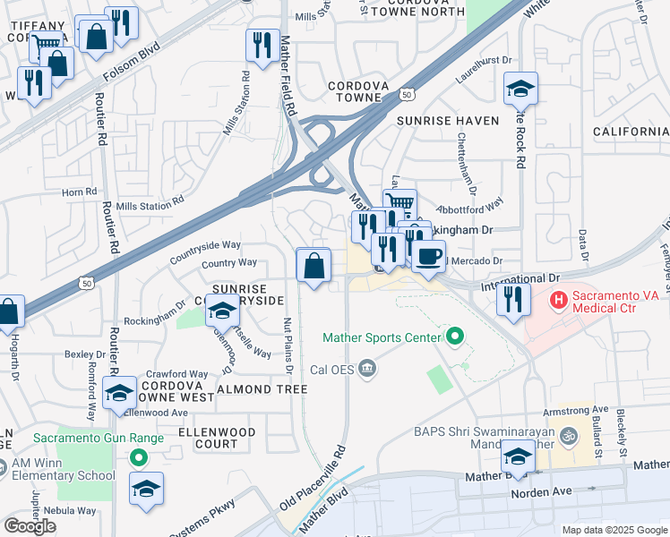 map of restaurants, bars, coffee shops, grocery stores, and more near 10293 Rockingham Drive in Sacramento