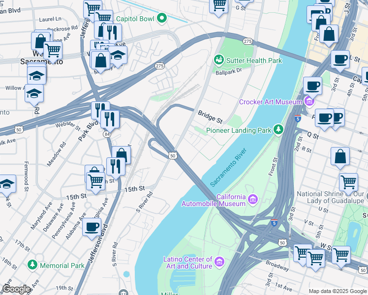map of restaurants, bars, coffee shops, grocery stores, and more near 1024 5th Street in West Sacramento