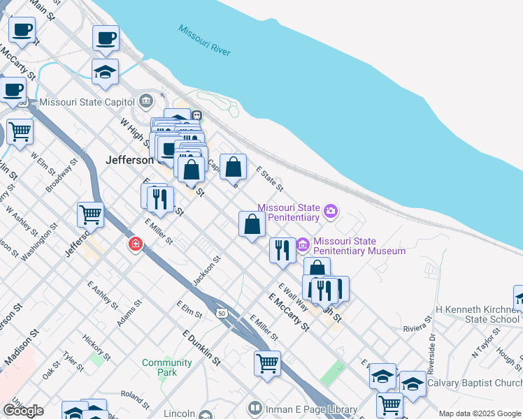 map of restaurants, bars, coffee shops, grocery stores, and more near 500 East Capitol Avenue in Jefferson City