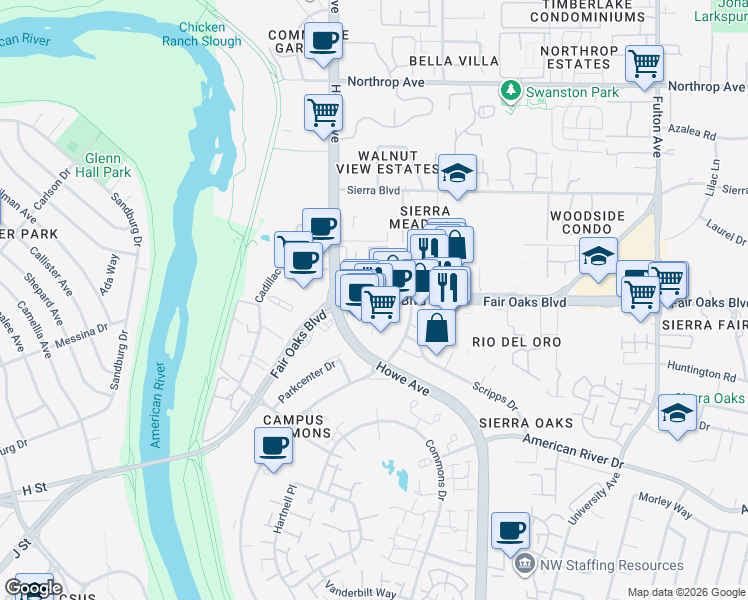 map of restaurants, bars, coffee shops, grocery stores, and more near 2244 Fair Oaks Boulevard in Sacramento