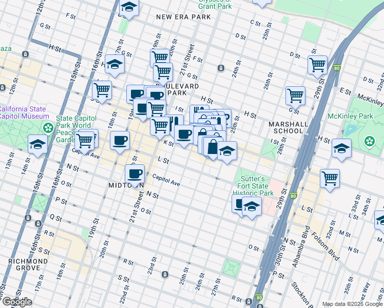 map of restaurants, bars, coffee shops, grocery stores, and more near 2318 K Street in Sacramento