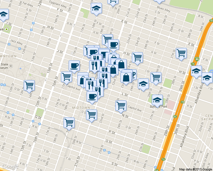 map of restaurants, bars, coffee shops, grocery stores, and more near 2115 L Street in Sacramento