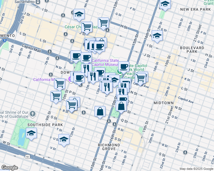 map of restaurants, bars, coffee shops, grocery stores, and more near 1419 13th Street in Sacramento