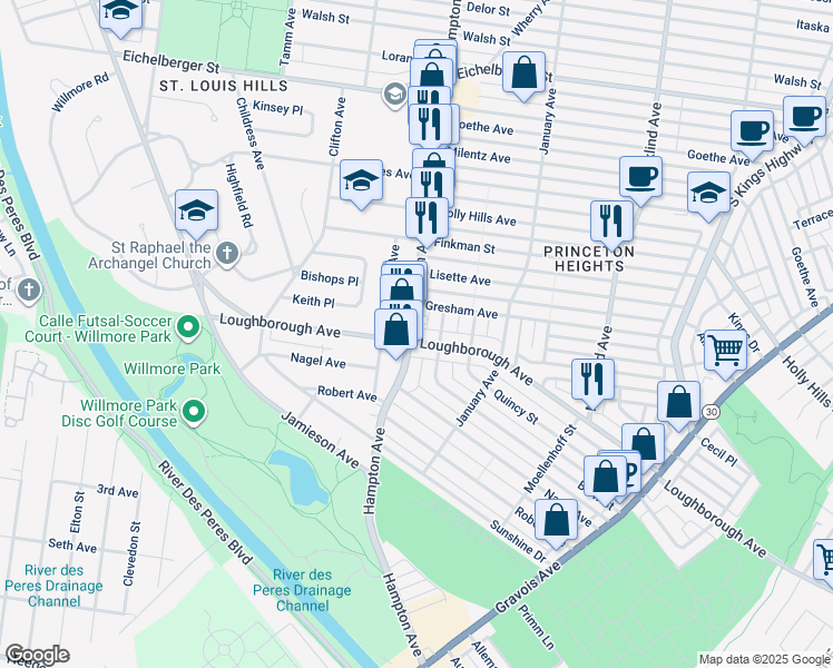 map of restaurants, bars, coffee shops, grocery stores, and more near 5472 Loughborough Avenue in St. Louis