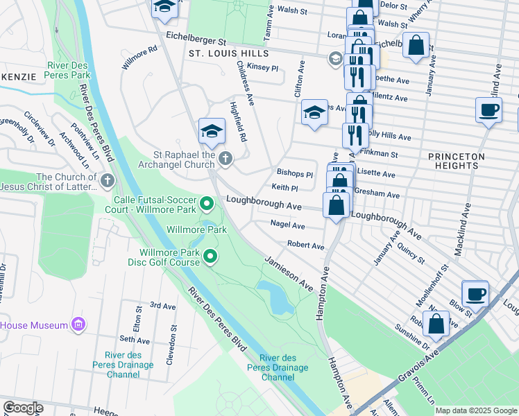 map of restaurants, bars, coffee shops, grocery stores, and more near 6255-6257 Nagel Avenue in St. Louis