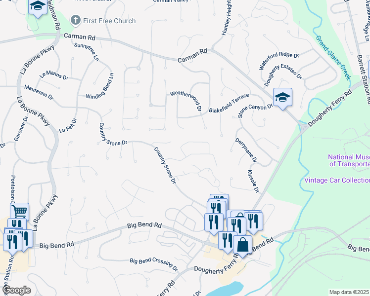 map of restaurants, bars, coffee shops, grocery stores, and more near 1643 Country Hill Lane in Ballwin