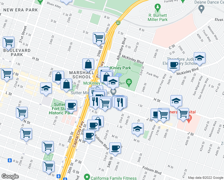 map of restaurants, bars, coffee shops, grocery stores, and more near 3111 I Street in Sacramento