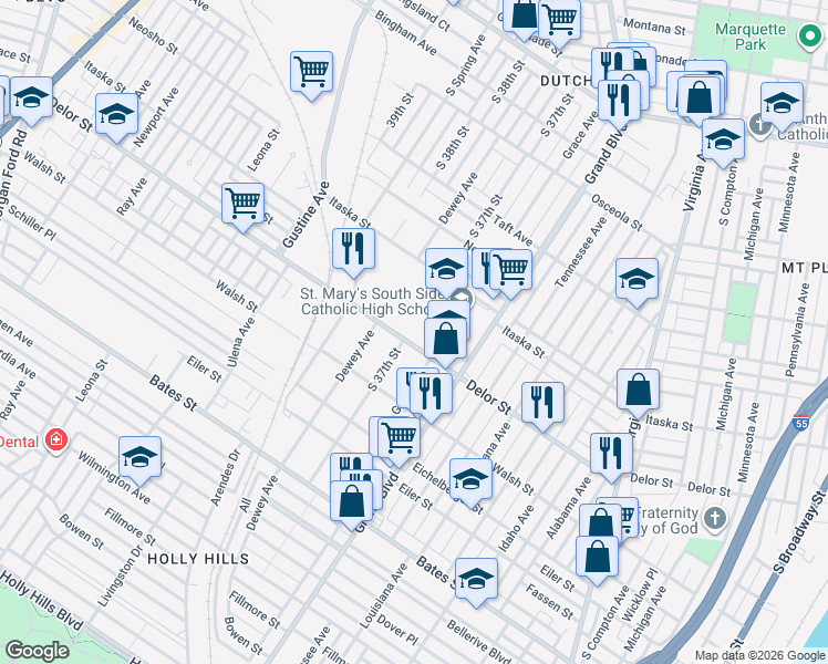 map of restaurants, bars, coffee shops, grocery stores, and more near 4715 South Grand Boulevard in St. Louis