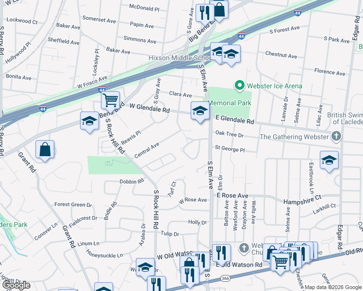 map of restaurants, bars, coffee shops, grocery stores, and more near 42 Webster Acres in Webster Groves