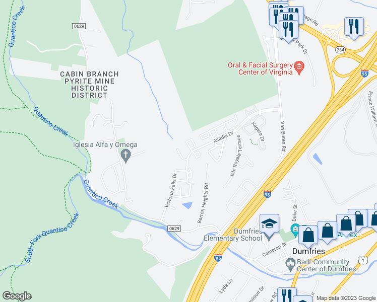 map of restaurants, bars, coffee shops, grocery stores, and more near 17482 Bayou Bend Circle in Dumfries