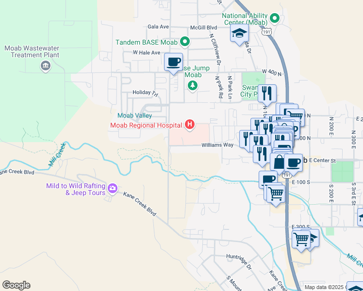 map of restaurants, bars, coffee shops, grocery stores, and more near 450 Williams Way in Moab
