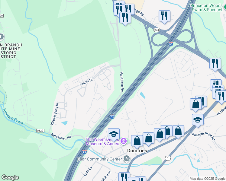 map of restaurants, bars, coffee shops, grocery stores, and more near 17441 Kagera Drive in Dumfries