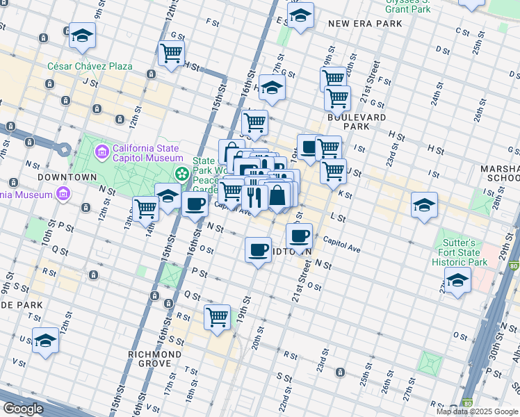 map of restaurants, bars, coffee shops, grocery stores, and more near 1809 Capitol Avenue in Sacramento