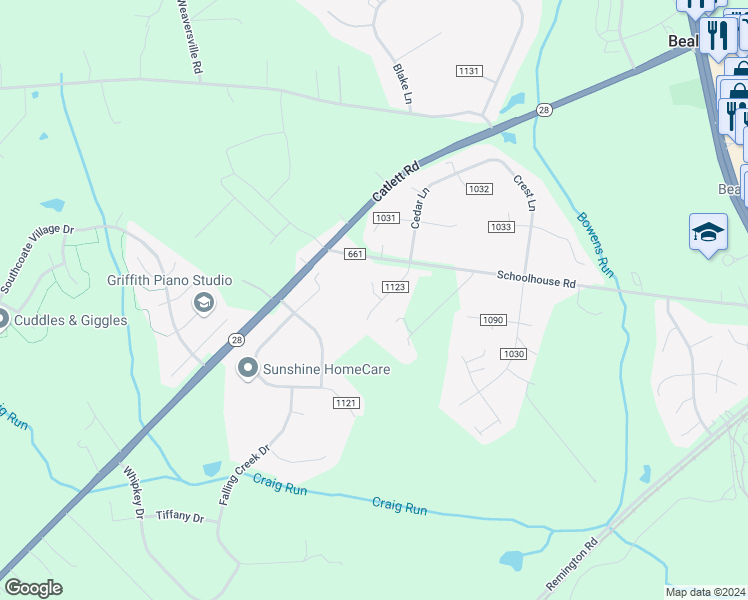 map of restaurants, bars, coffee shops, grocery stores, and more near 6752 Willowbrook Drive in Bealeton