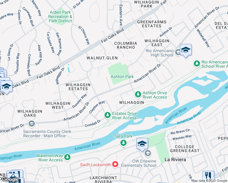 map of restaurants, bars, coffee shops, grocery stores, and more near 4136 American River Drive in Sacramento