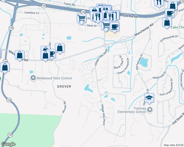 map of restaurants, bars, coffee shops, grocery stores, and more near Victoria Crossing Drive in Wildwood