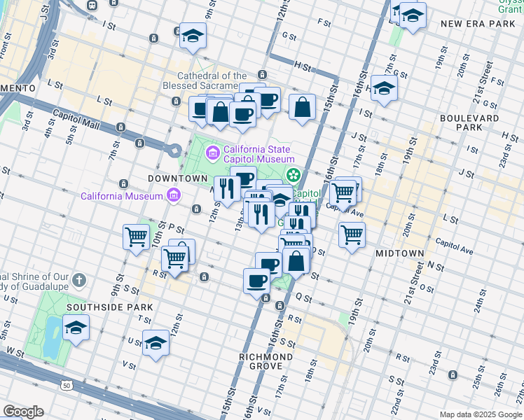 map of restaurants, bars, coffee shops, grocery stores, and more near 1330 N Street in Sacramento
