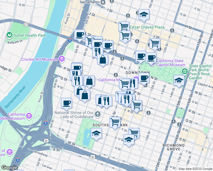 map of restaurants, bars, coffee shops, grocery stores, and more near 744 P Street in Sacramento