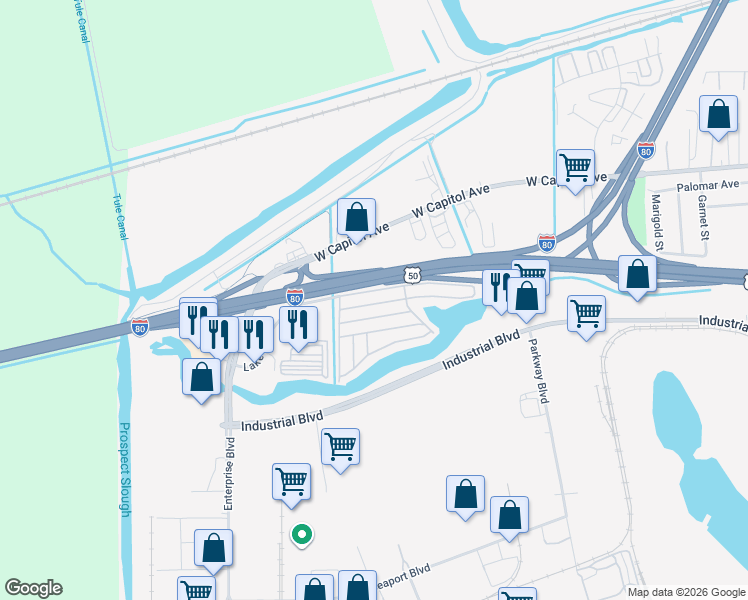 map of restaurants, bars, coffee shops, grocery stores, and more near 3901 Lake Road in West Sacramento