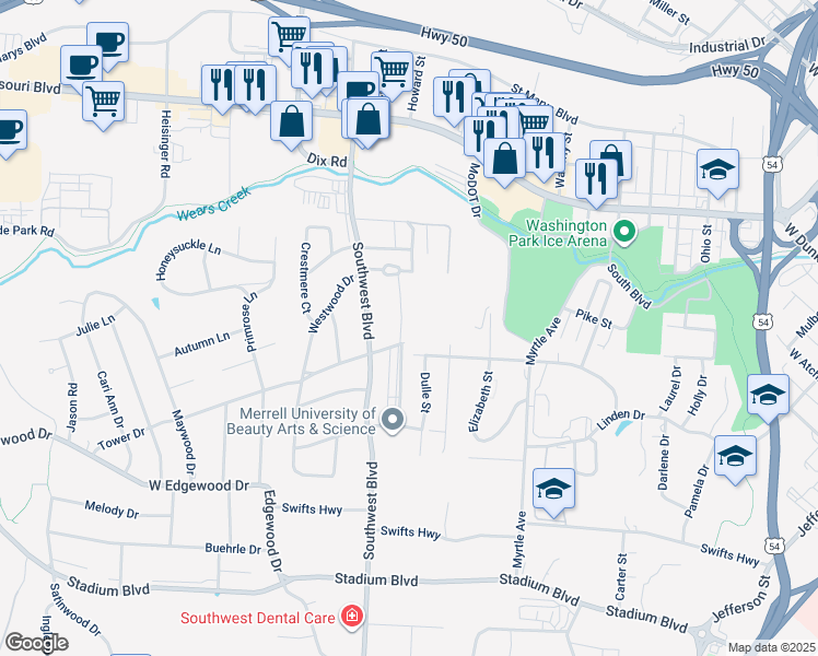 map of restaurants, bars, coffee shops, grocery stores, and more near 919 Southwest Boulevard in Jefferson City