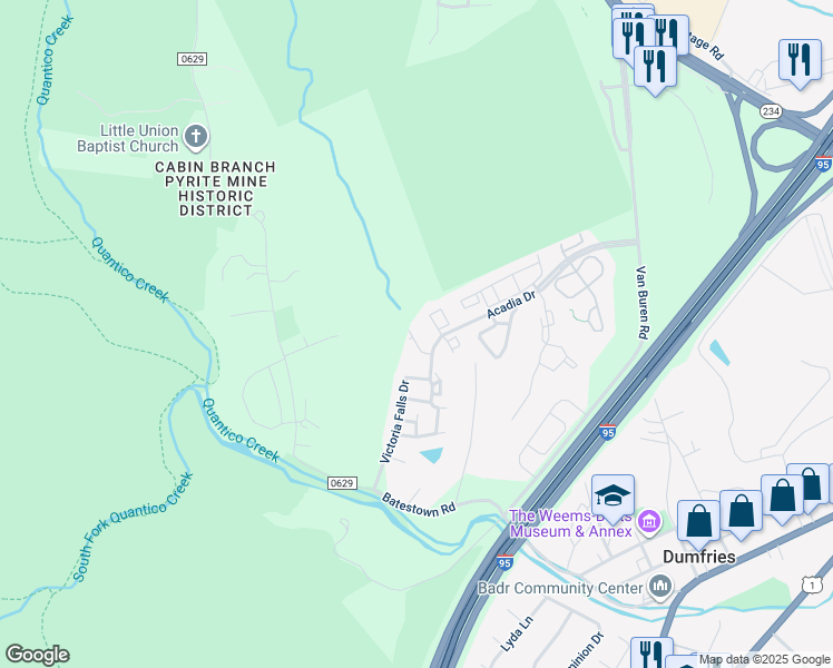 map of restaurants, bars, coffee shops, grocery stores, and more near 4264 Hudson River Court in Dumfries