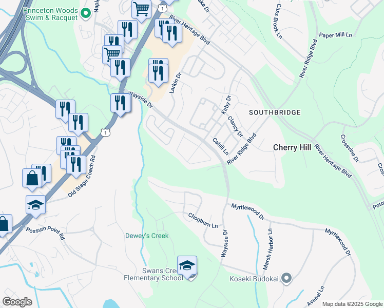 map of restaurants, bars, coffee shops, grocery stores, and more near 17380 Cosgrove Way in Dumfries