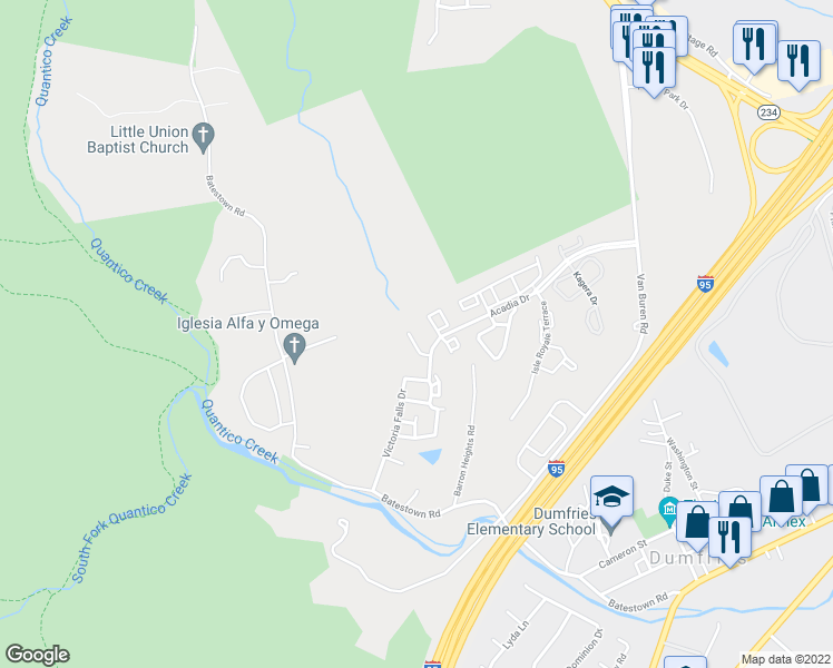 map of restaurants, bars, coffee shops, grocery stores, and more near 4264 Hudson River Court in Dumfries