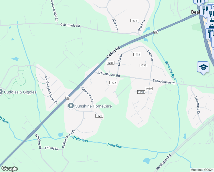 map of restaurants, bars, coffee shops, grocery stores, and more near 6752 Willowbrook Drive in Bealeton