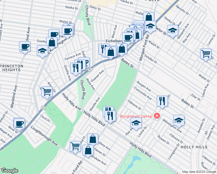 map of restaurants, bars, coffee shops, grocery stores, and more near 6038 Wanda Avenue in St. Louis