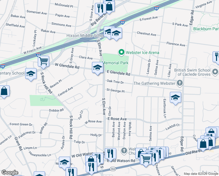 map of restaurants, bars, coffee shops, grocery stores, and more near 1106 South Elm Avenue in Webster Groves