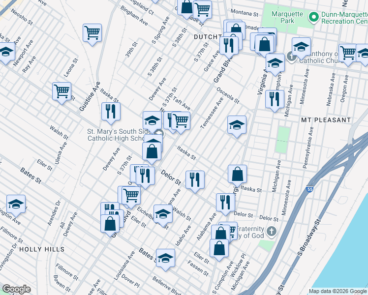 map of restaurants, bars, coffee shops, grocery stores, and more near 3550 Itaska Street in St. Louis