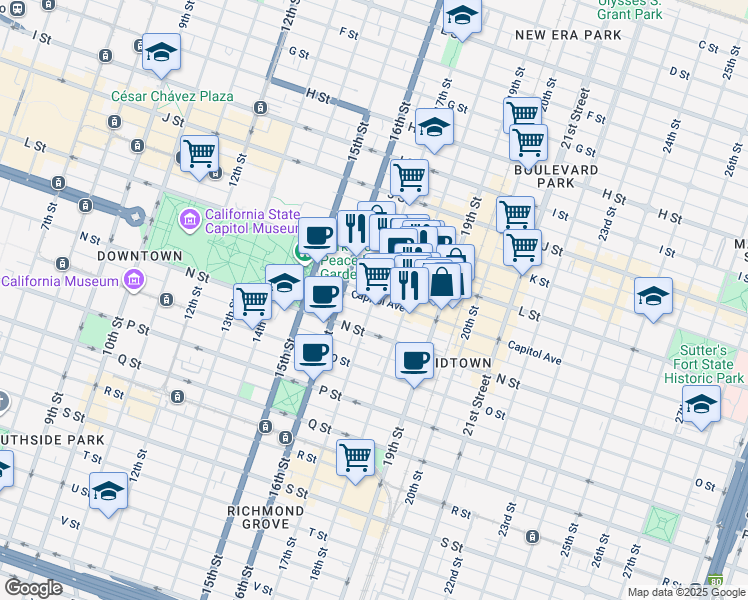 map of restaurants, bars, coffee shops, grocery stores, and more near 1300 17th Street in Sacramento