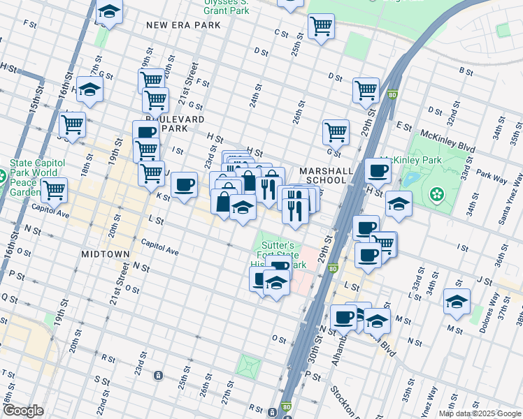 map of restaurants, bars, coffee shops, grocery stores, and more near 2612 J Street in Sacramento