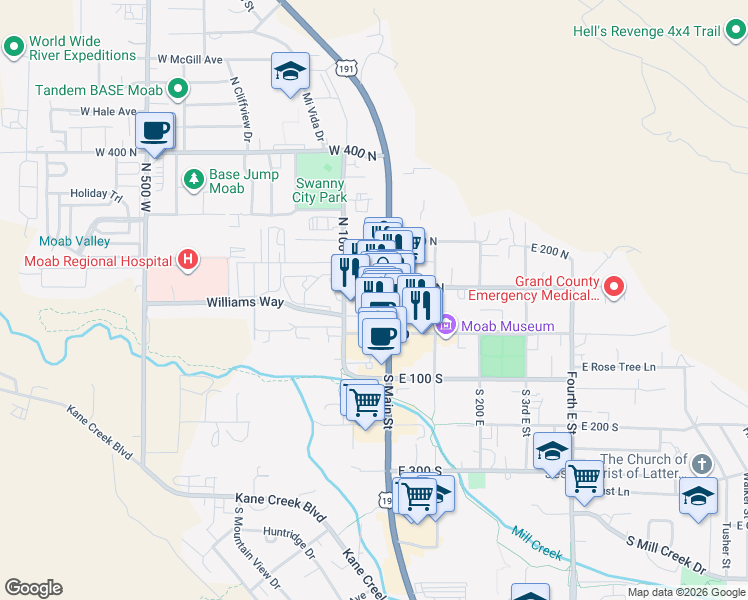 map of restaurants, bars, coffee shops, grocery stores, and more near in Moab