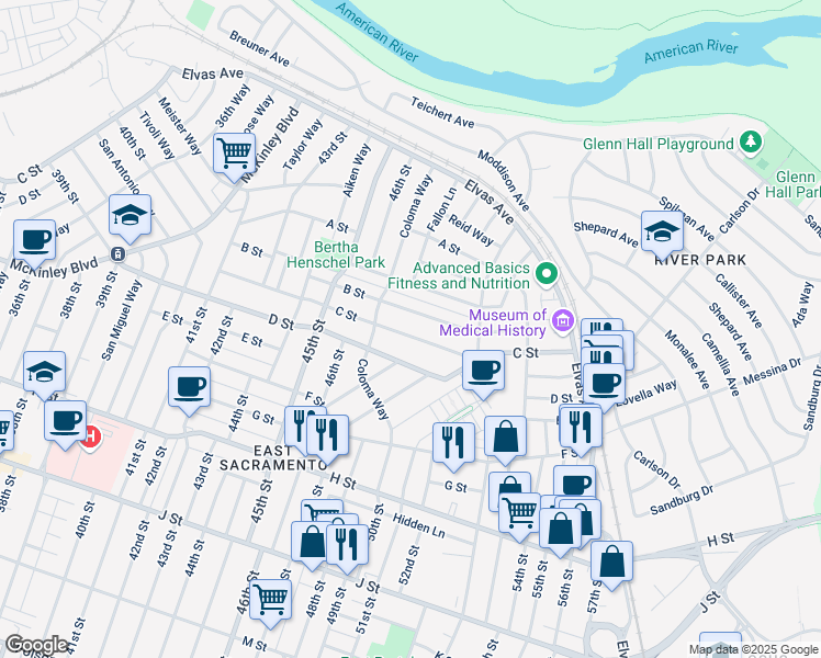 map of restaurants, bars, coffee shops, grocery stores, and more near 4830 C Street in Sacramento