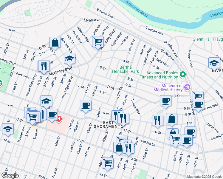 map of restaurants, bars, coffee shops, grocery stores, and more near 4401 E Street in Sacramento