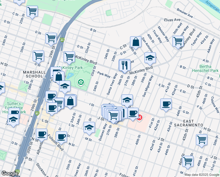 map of restaurants, bars, coffee shops, grocery stores, and more near 640 36th Street in Sacramento