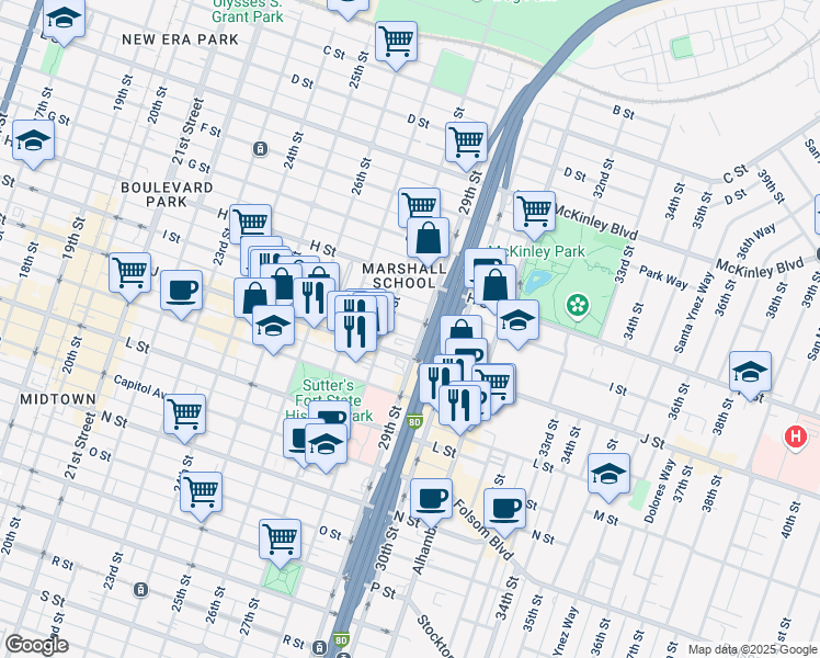 map of restaurants, bars, coffee shops, grocery stores, and more near 2825 J Street in Sacramento