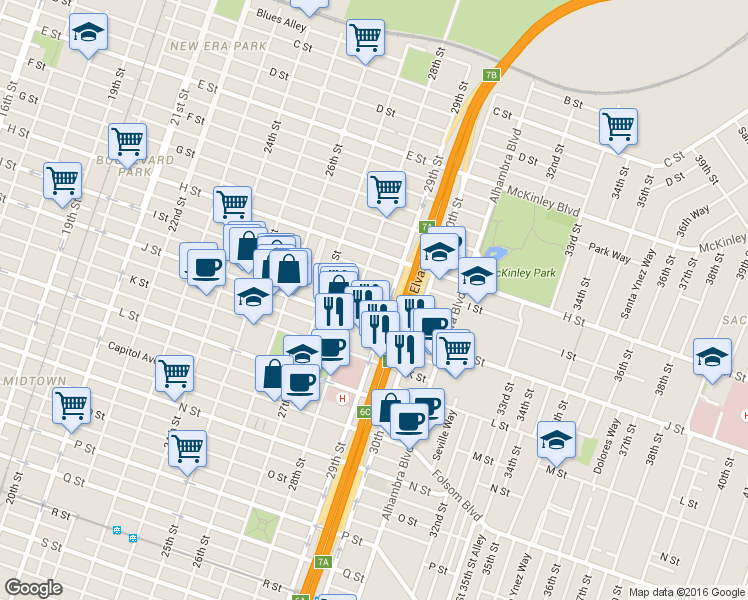 map of restaurants, bars, coffee shops, grocery stores, and more near 2825 J Street in Sacramento