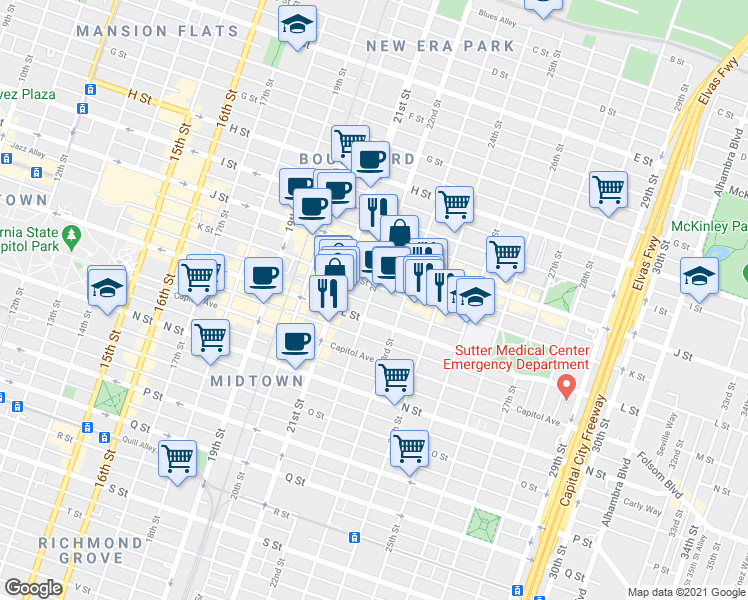 map of restaurants, bars, coffee shops, grocery stores, and more near 2211 L Street in Sacramento