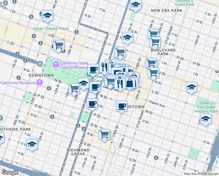 map of restaurants, bars, coffee shops, grocery stores, and more near 1714 Capitol Avenue in Sacramento