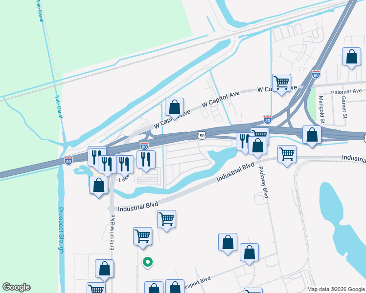 map of restaurants, bars, coffee shops, grocery stores, and more near 3901 Lake Road in West Sacramento