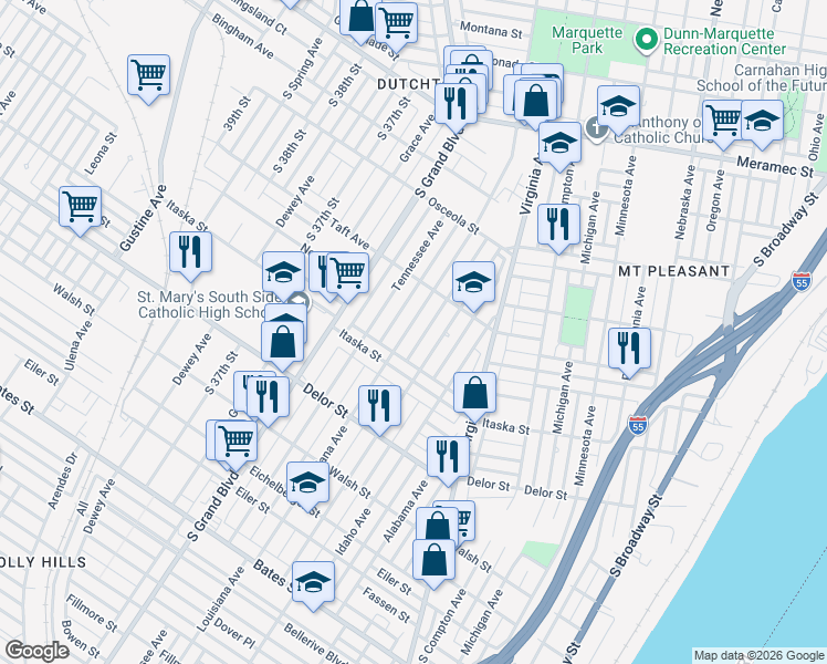 map of restaurants, bars, coffee shops, grocery stores, and more near 4662 Louisiana Avenue in St. Louis