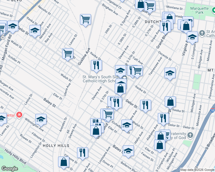 map of restaurants, bars, coffee shops, grocery stores, and more near 5018 Dewey Avenue in St. Louis